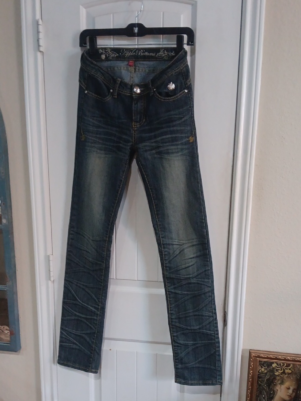 Vtg Y2K Apple Bottoms Scrunch Leg Jeans Low Rise Pink Embroidered Pockets 3/4